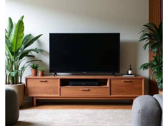 緑豊かなリビングに合う無垢材のテレビボード