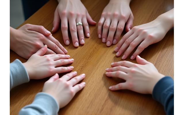 無垢材のテーブルをオイルで手入れする人々の手元