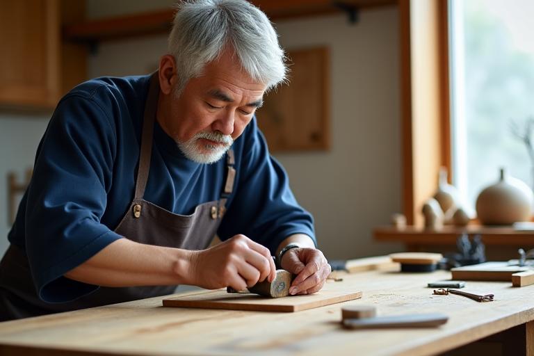熟練の職人が木工道具を使い、家具の部品を丁寧に加工している。